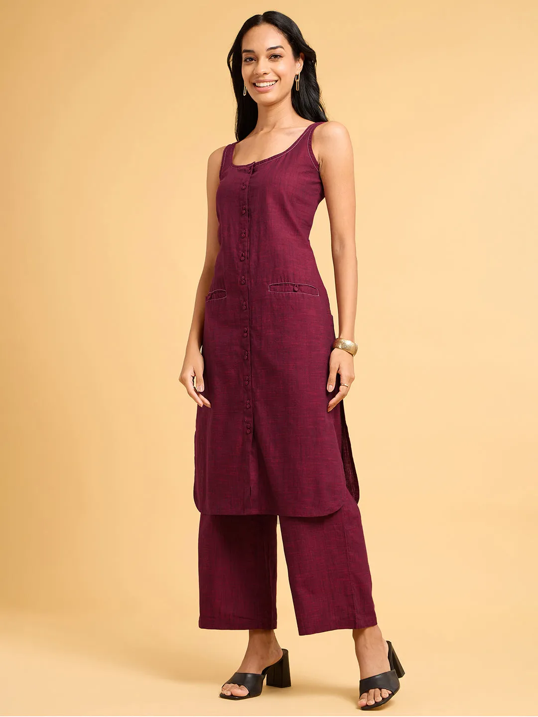 Summer Serenade Textured Maroon Kurta Set