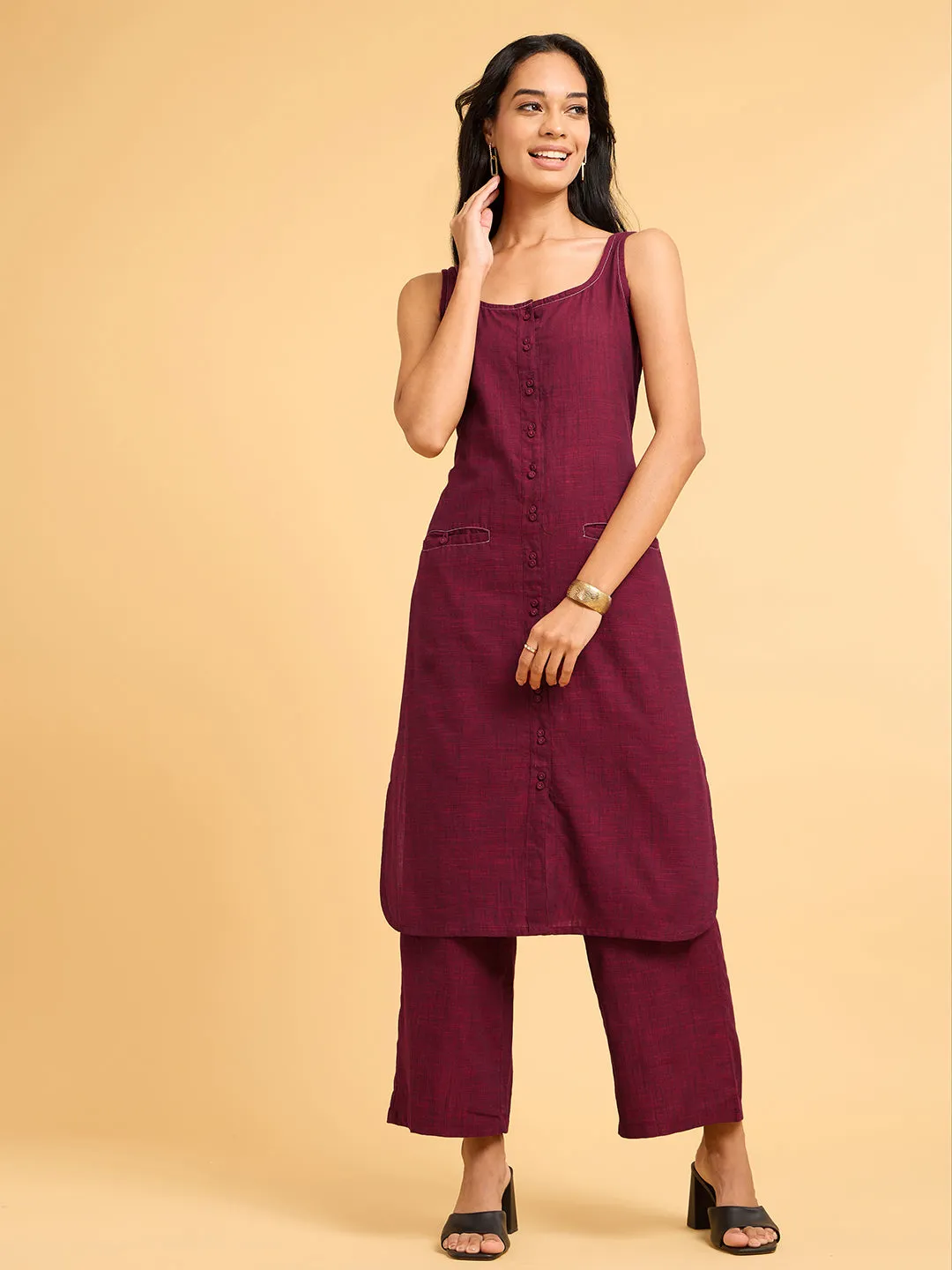 Summer Serenade Textured Maroon Kurta Set