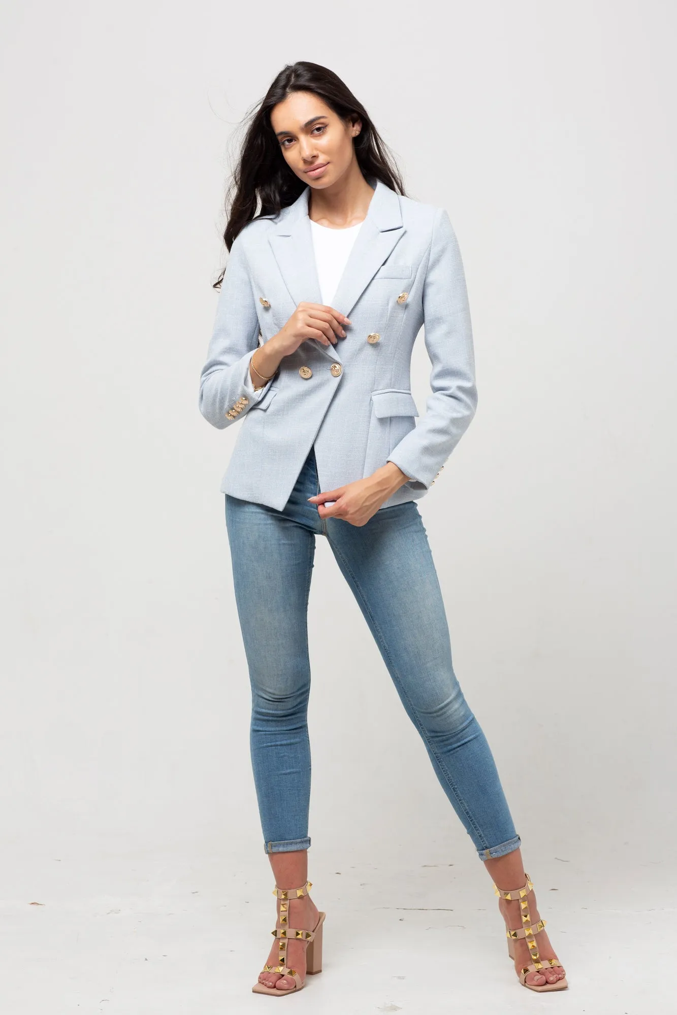 TEXTURED LIGHT BLUE GOLD BUTTON BLAZER