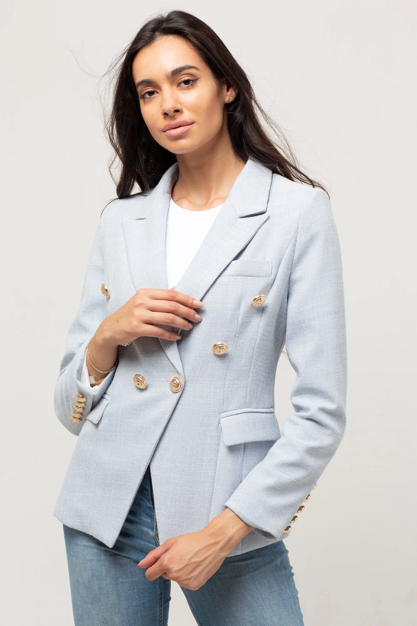 TEXTURED LIGHT BLUE GOLD BUTTON BLAZER