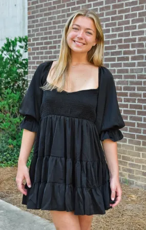 The 3/4 Sleeve Ruffle Babydoll Mini (Black)