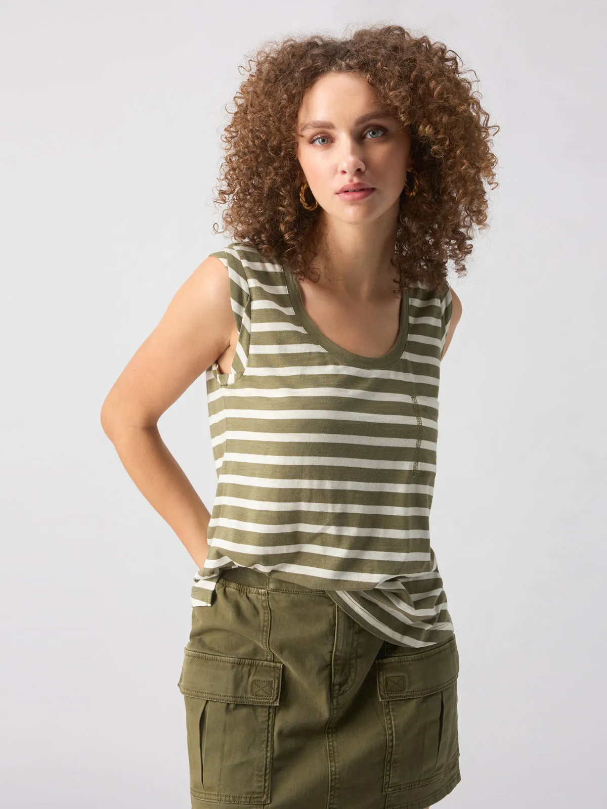 Traveler Twist Sleeve Tee Light Ecru Olive Stripe