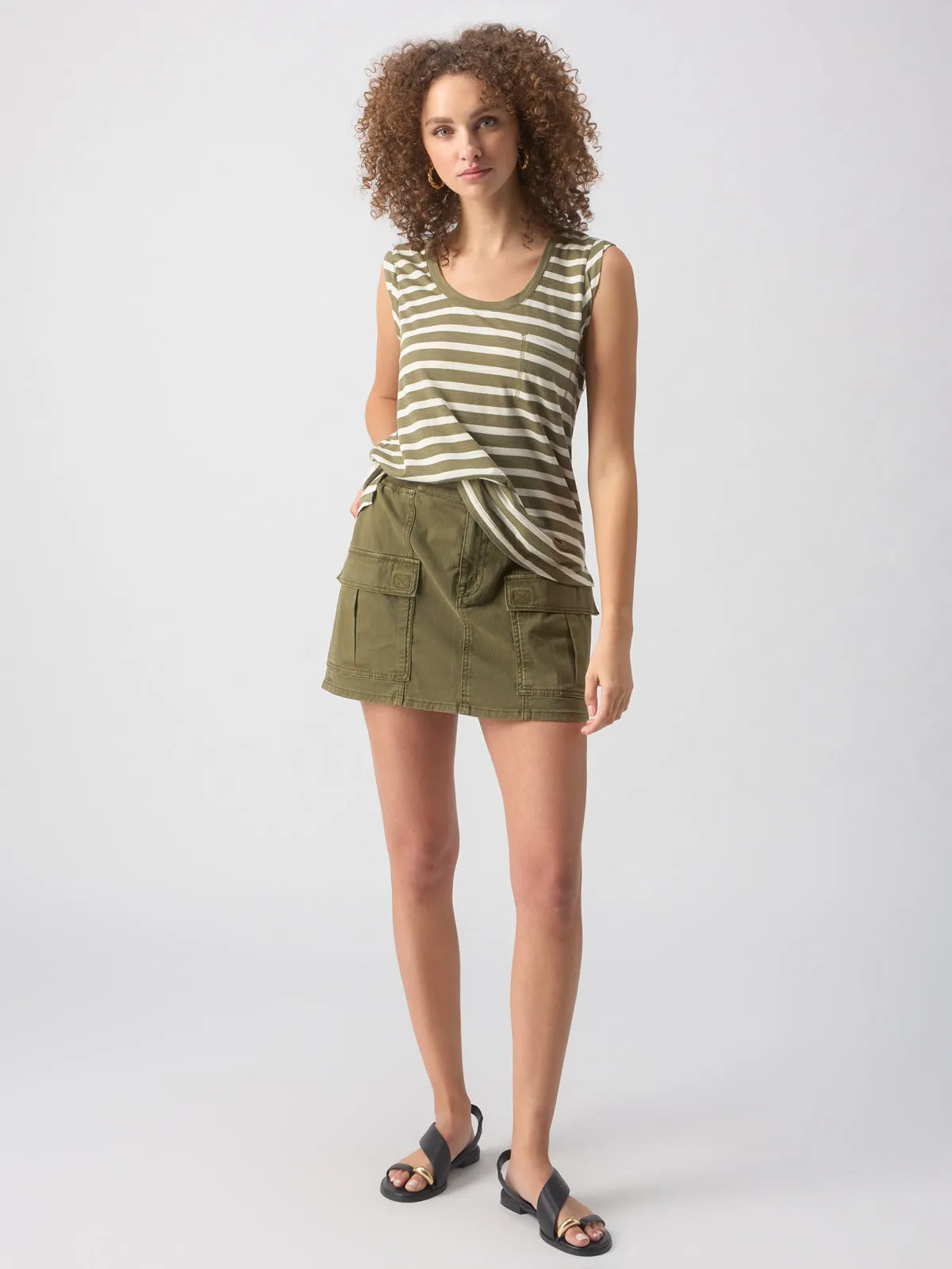 Traveler Twist Sleeve Tee Light Ecru Olive Stripe