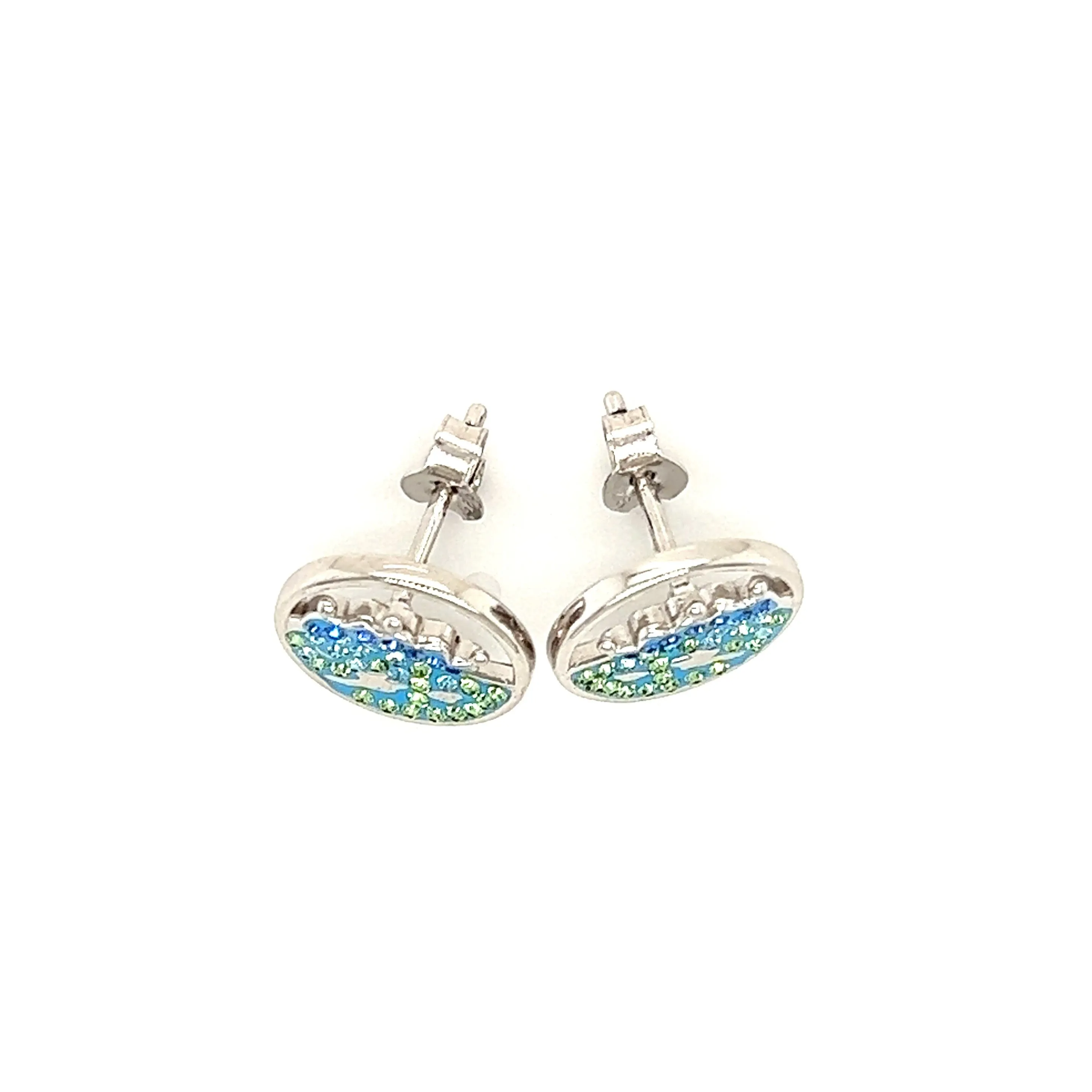 Wave Stud Earrings with Blue, Aqua and Green Crystals in Sterling Silver