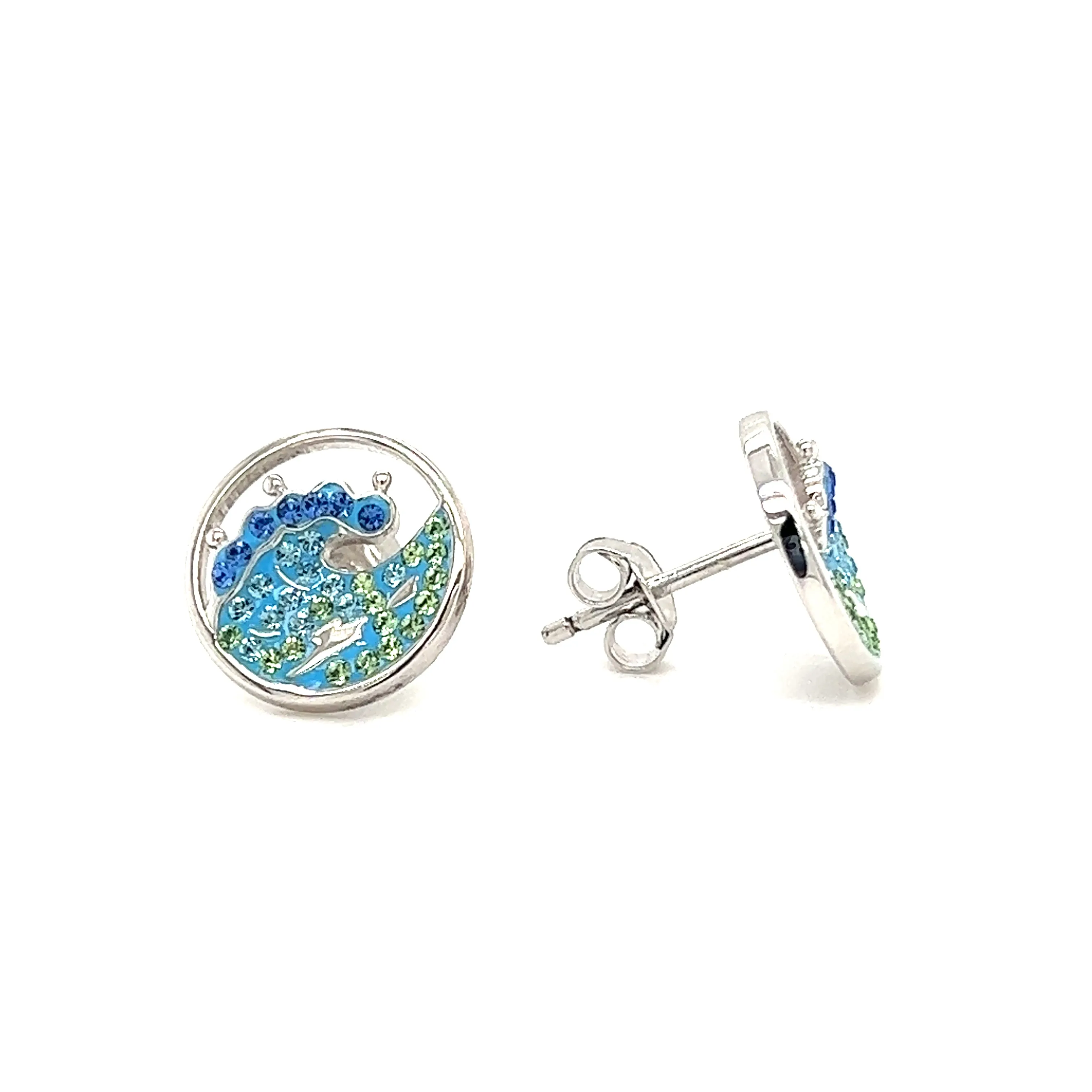 Wave Stud Earrings with Blue, Aqua and Green Crystals in Sterling Silver