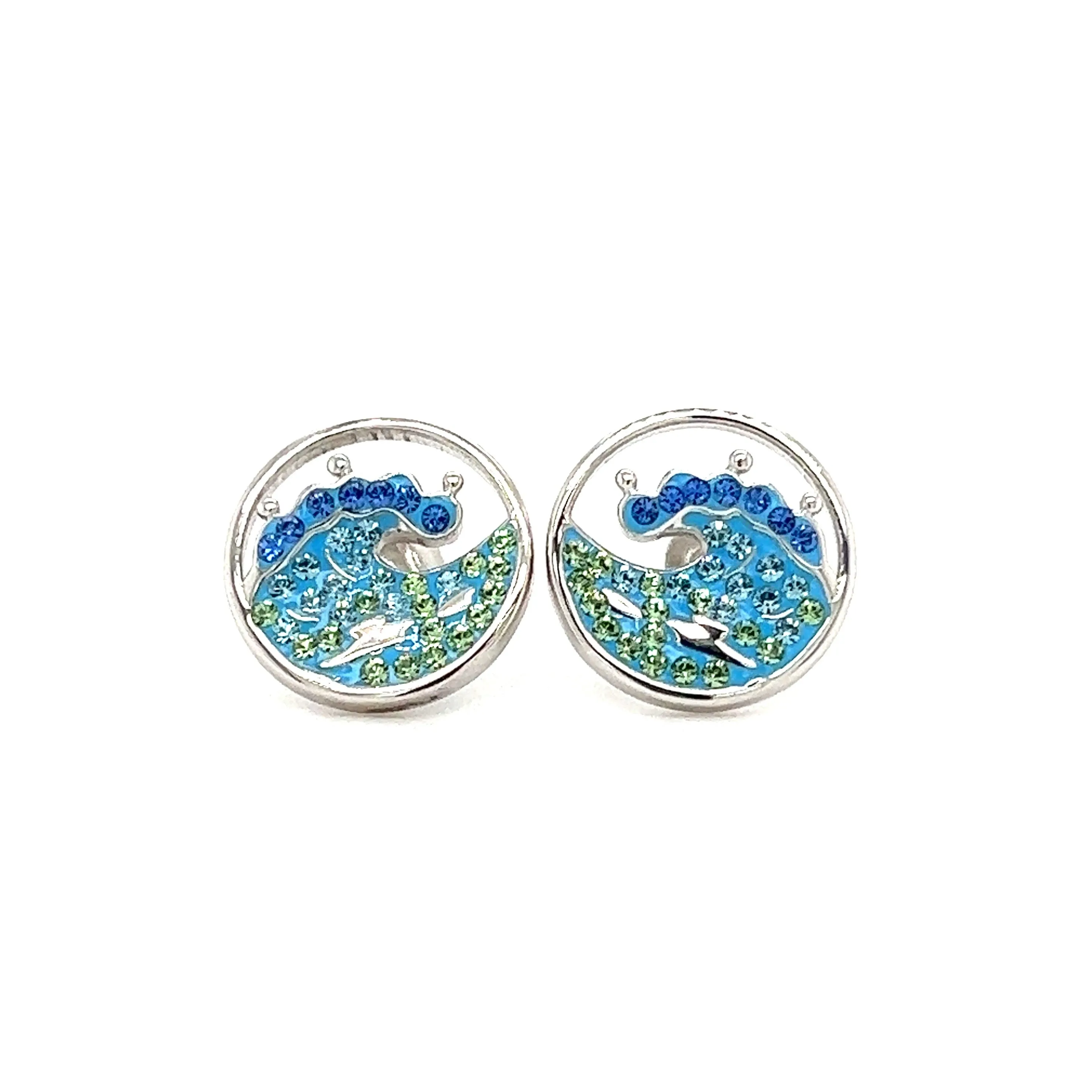 Wave Stud Earrings with Blue, Aqua and Green Crystals in Sterling Silver