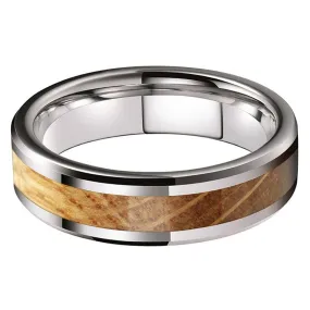 Whiskey Barrel Oak & Silver Tungsten with Bevelled Edge Ring (6mm)