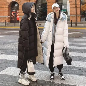 Women White Hooded Quilted Puffer Coat Black Oversize Winter Parka Coat