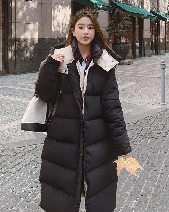 Women White Hooded Quilted Puffer Coat Black Oversize Winter Parka Coat