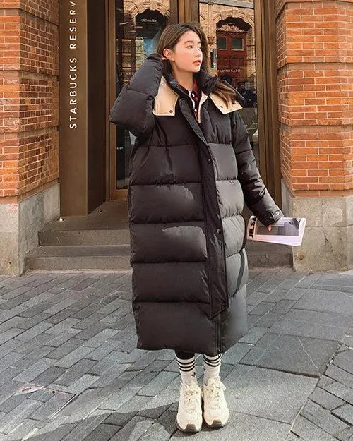 Women White Hooded Quilted Puffer Coat Black Oversize Winter Parka Coat