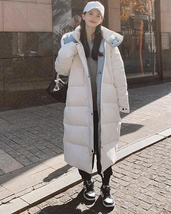 Women White Hooded Quilted Puffer Coat Black Oversize Winter Parka Coat